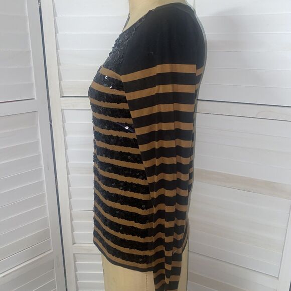 Ann Taylor Loft Sequin Striped Top Size Medium Long Sleeve Black Brown - Picture 5 of 8